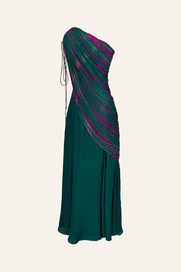 Fusion outfit- traditional saree-like draped ruched dress from Aroka