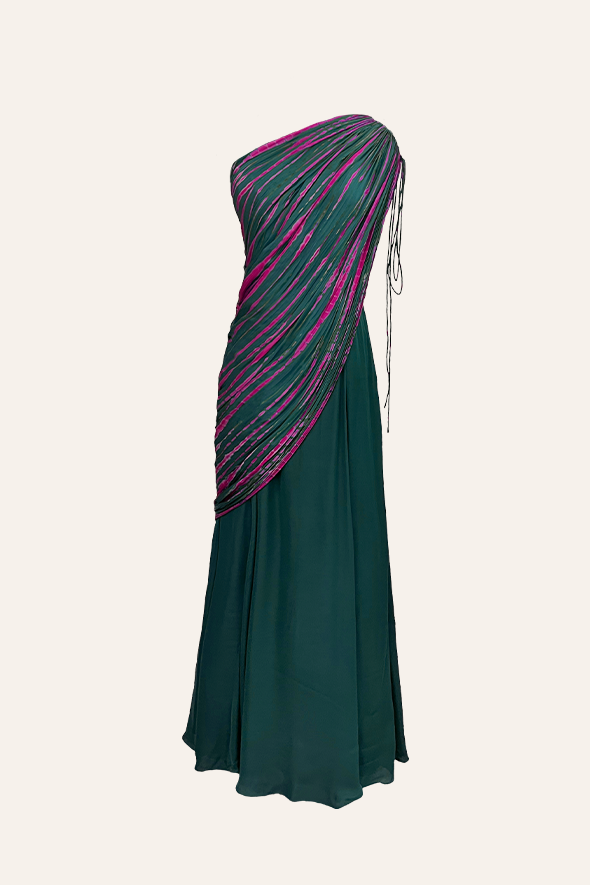 Fusion outfit- traditional saree-like draped ruched dress from Aroka