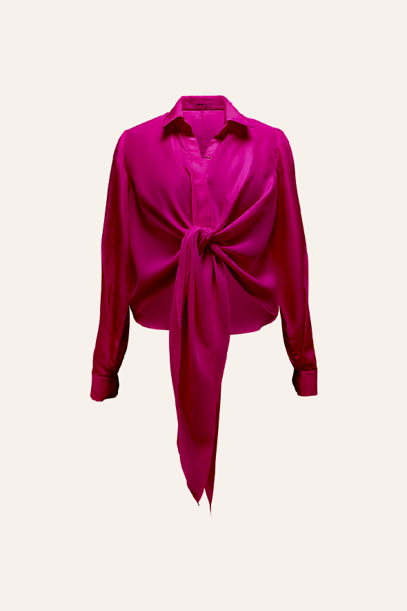 Pink Modal satin shirt with waist tie-up from Aroka.