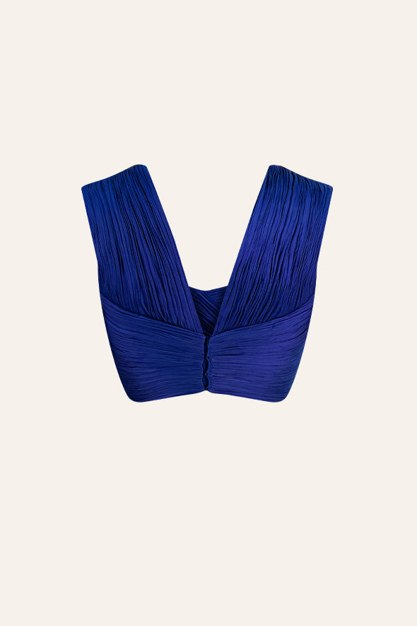 Blue Crop top made from vegan satin featuring a fully ruched design with a sweetheart, incut neckline from Aroka.