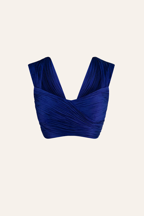 Blue Crop top made from vegan satin featuring a fully ruched design with a sweetheart, incut neckline from Aroka.
