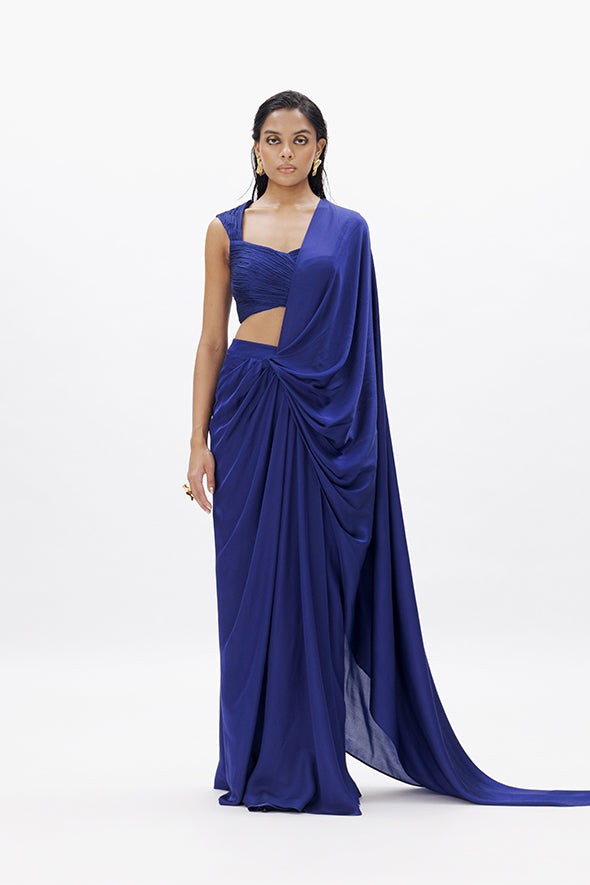 Blue ruched design with a sweetheart, incut neckline, sleeveless top with modal satin pre-draped saree for special occasions from Aroka.