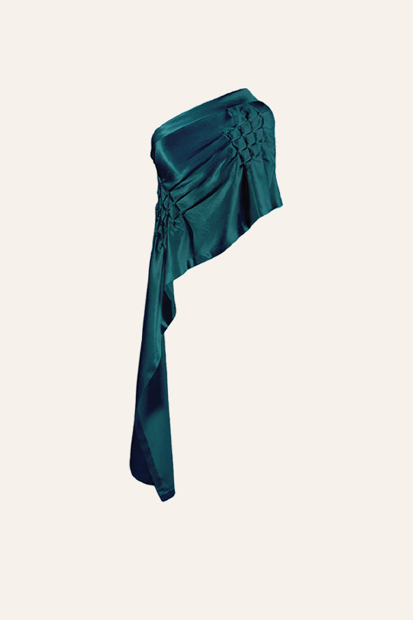 Mashru hand embroidered draped off shoulder, asymmetric top in green from Aroka.