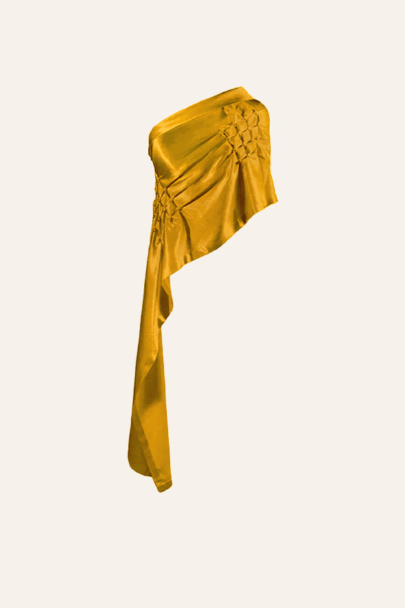 Mashru hand embroidered draped off shoulder, asymmetric top in mustard yellow from Aroka.