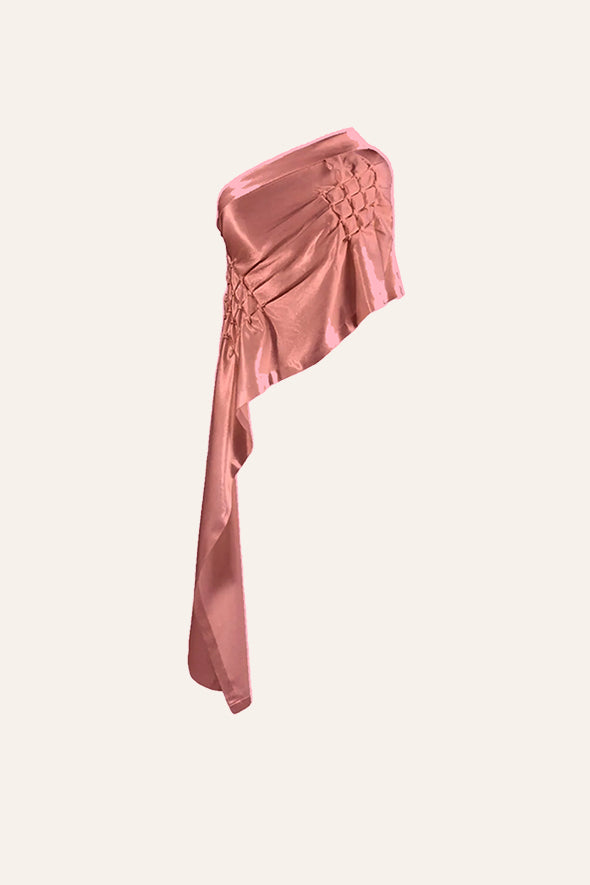 Mashru hand embroidered draped off shoulder, asymmetric top in rose gold from Aroka.