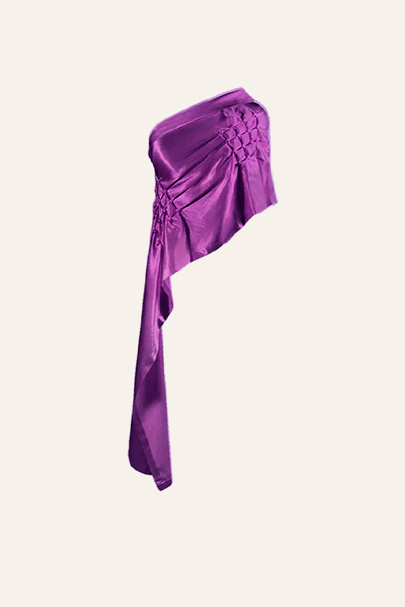 Mashru hand embroidered draped off shoulder, asymmetric top in purple from Aroka.