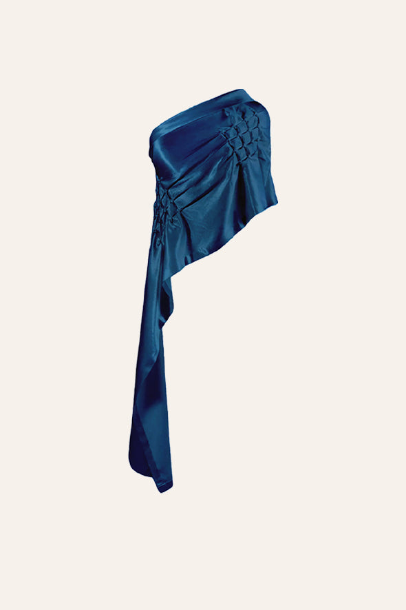 Mashru hand embroidered draped off shoulder, asymmetric top in peacock blue from Aroka