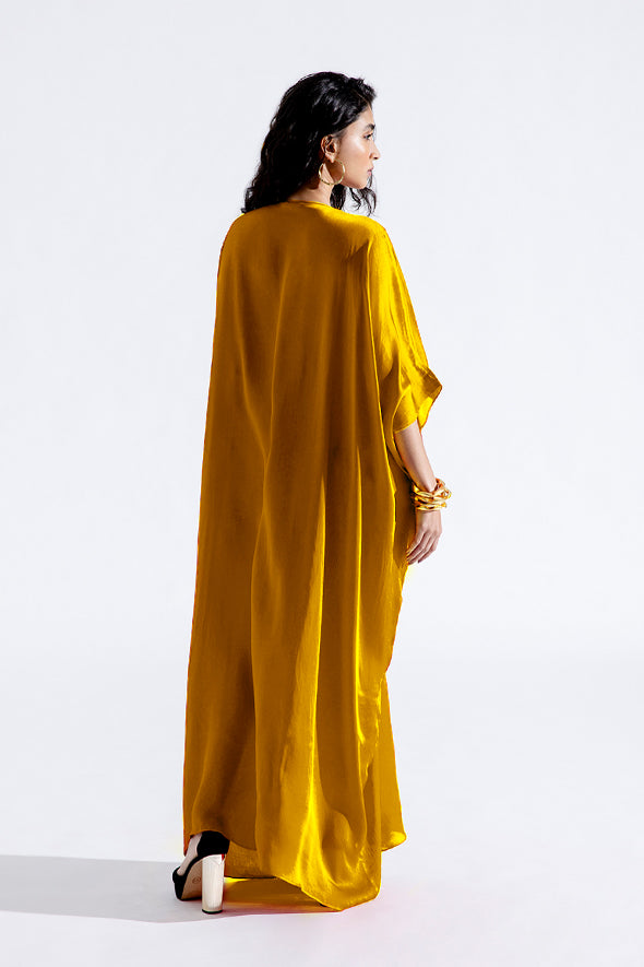 Comfortable modal satin Ruched V-neckline Kaftan Dress in Mustard from Aroka