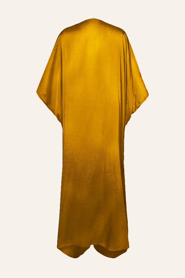 Comfortable modal satin Ruched V-neckline Kaftan Dress in Mustard from Aroka