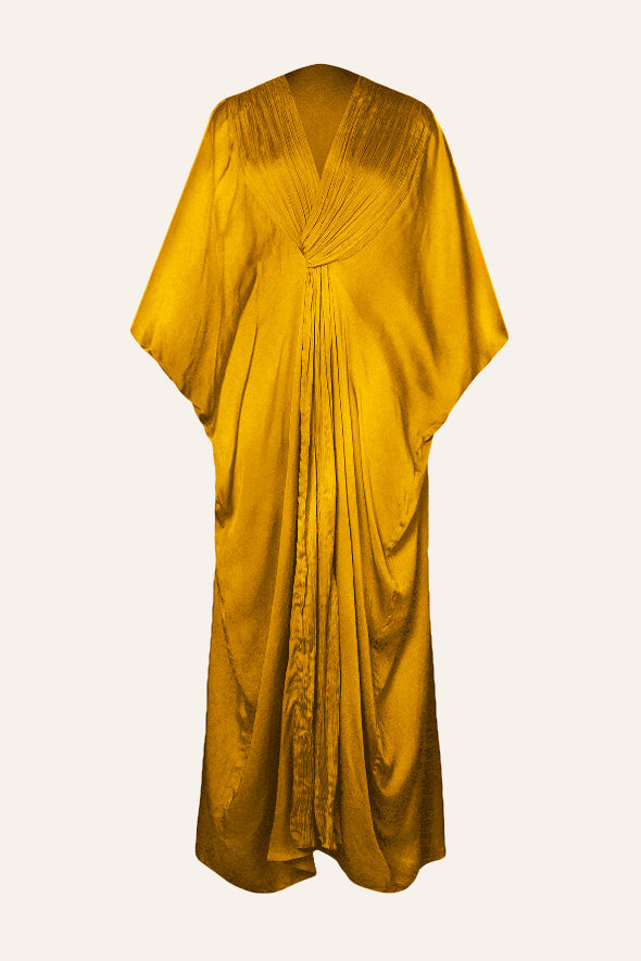 Comfortable modal satin Ruched V-neckline Kaftan Dress in Mustard from Aroka