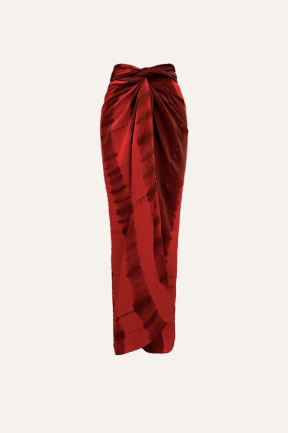Riptide Skirt in Red Sea- Red Tie-dye and Solid Brown Multiway Drape Skirt from Aroka.