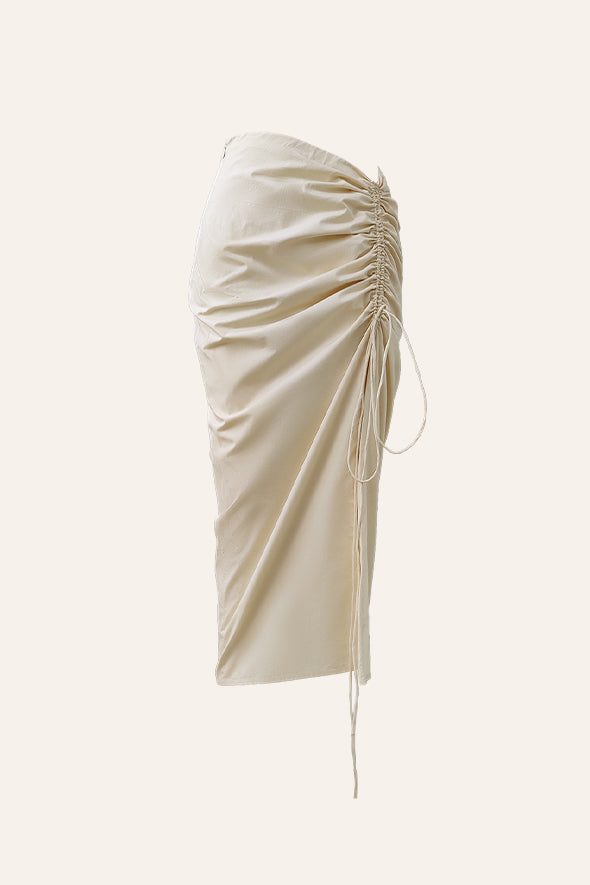 Narrow fitted poplin skirt in White paired with ruched bralette from Aroka.