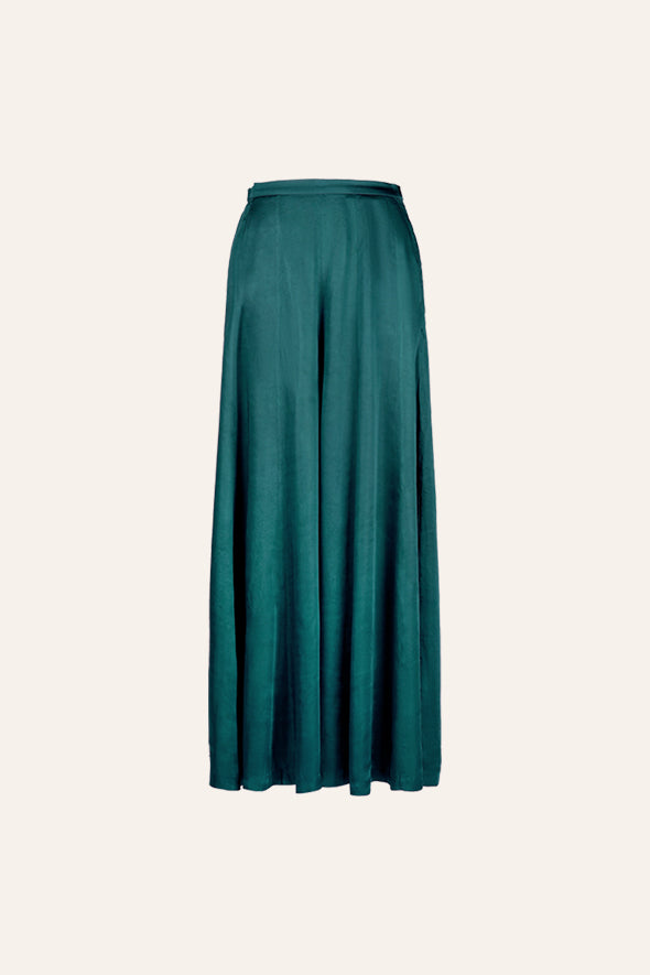 Soiree Pants in Emerald Green- Modal satin flared pants in green with back elastic from Aroka.