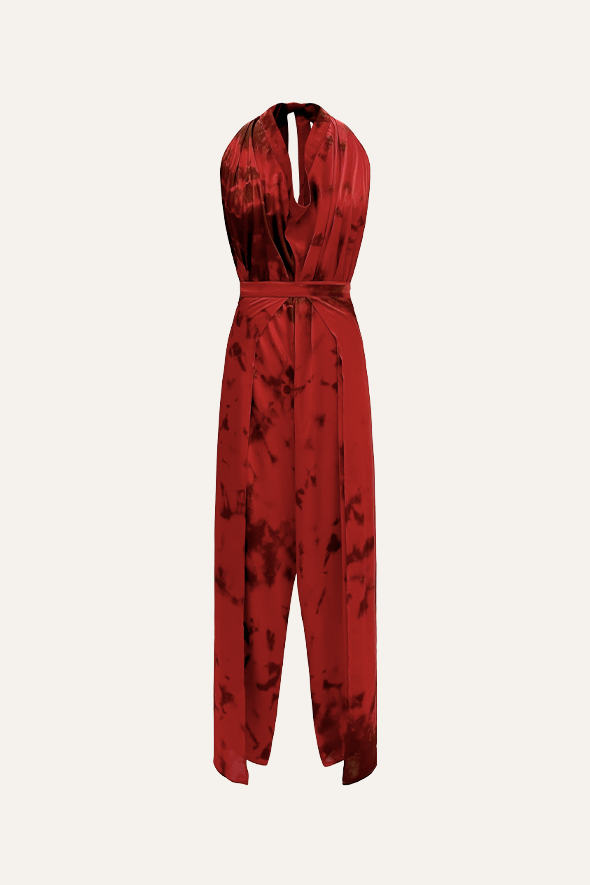 Stellar Jumpsuit in Red Tie-die, Multiway drapable in jumpsuit and pants from Aroka.