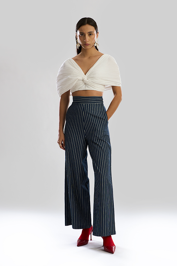 Wide-Leg Stripe Denim Pant: Formal Denim Pants by Aroka.