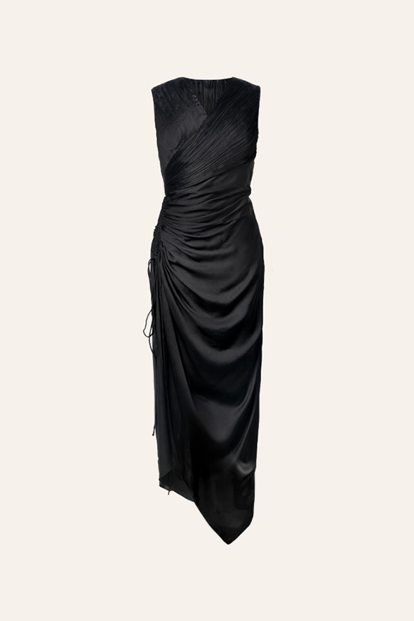 Black Ruched and Draped Satin Long Dress from Aroka.