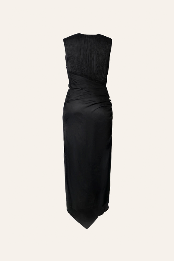 Black Ruched and Draped Satin Long Dress from Aroka.
