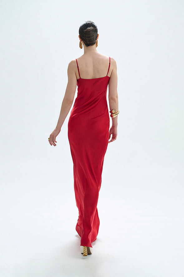 Cocktail Party Dress, Cowl Neck Floor Length Modal Satin Slip Dress in Red from Aroka
