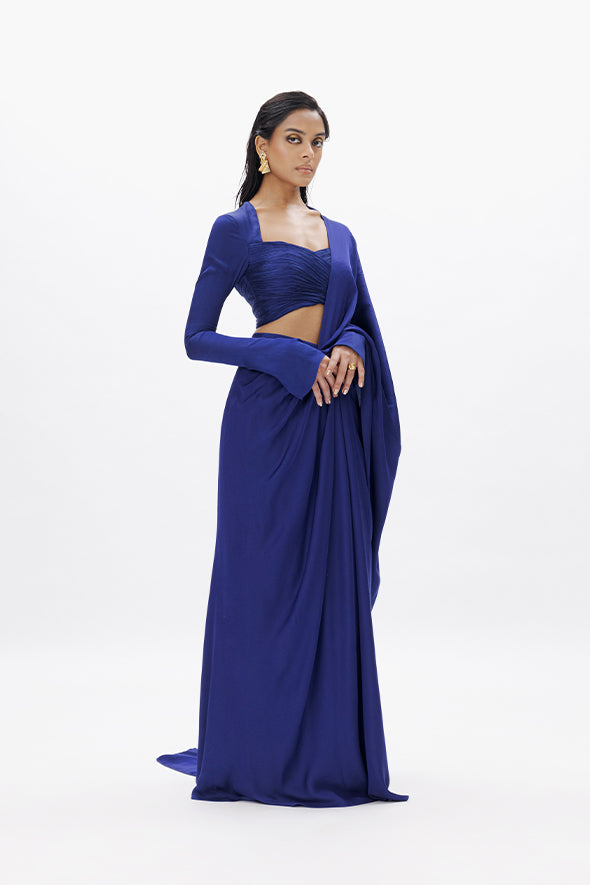 Modest ruched crop top made from luxurious modal satin with modal satin pre-draped saree for special occasions from Aroka.