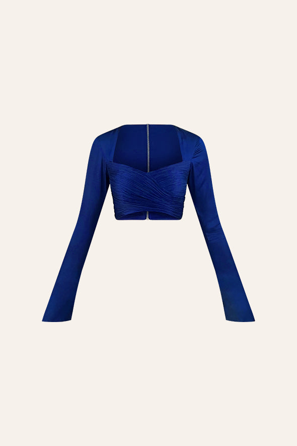 Blue ruched design in a modest crop top made from luxurious modal satin from Aroka.
