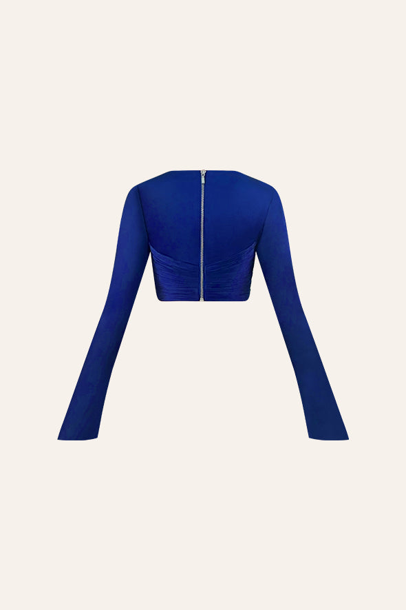 Blue ruched design in a modest crop top made from luxurious modal satin from Aroka.