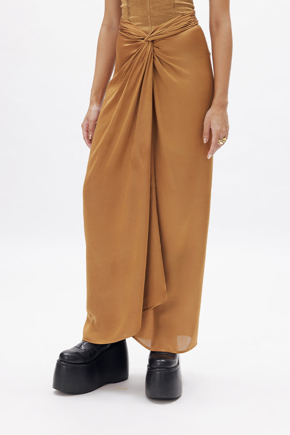 Modal Satin Skirt featuring sarong-like stitched knot from Aroka.