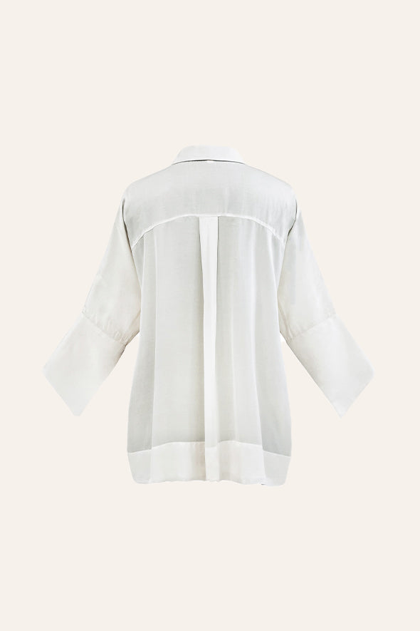 White Kimono Shirt, crafted from lightweight modal satin in off-white from Aroka.