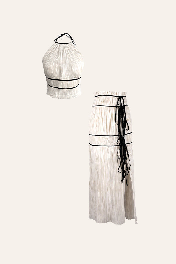 Co-ords set for women- Amour halter neck top with black piping details and back tie-ups paired with Amour skirt in creme from Aroka.