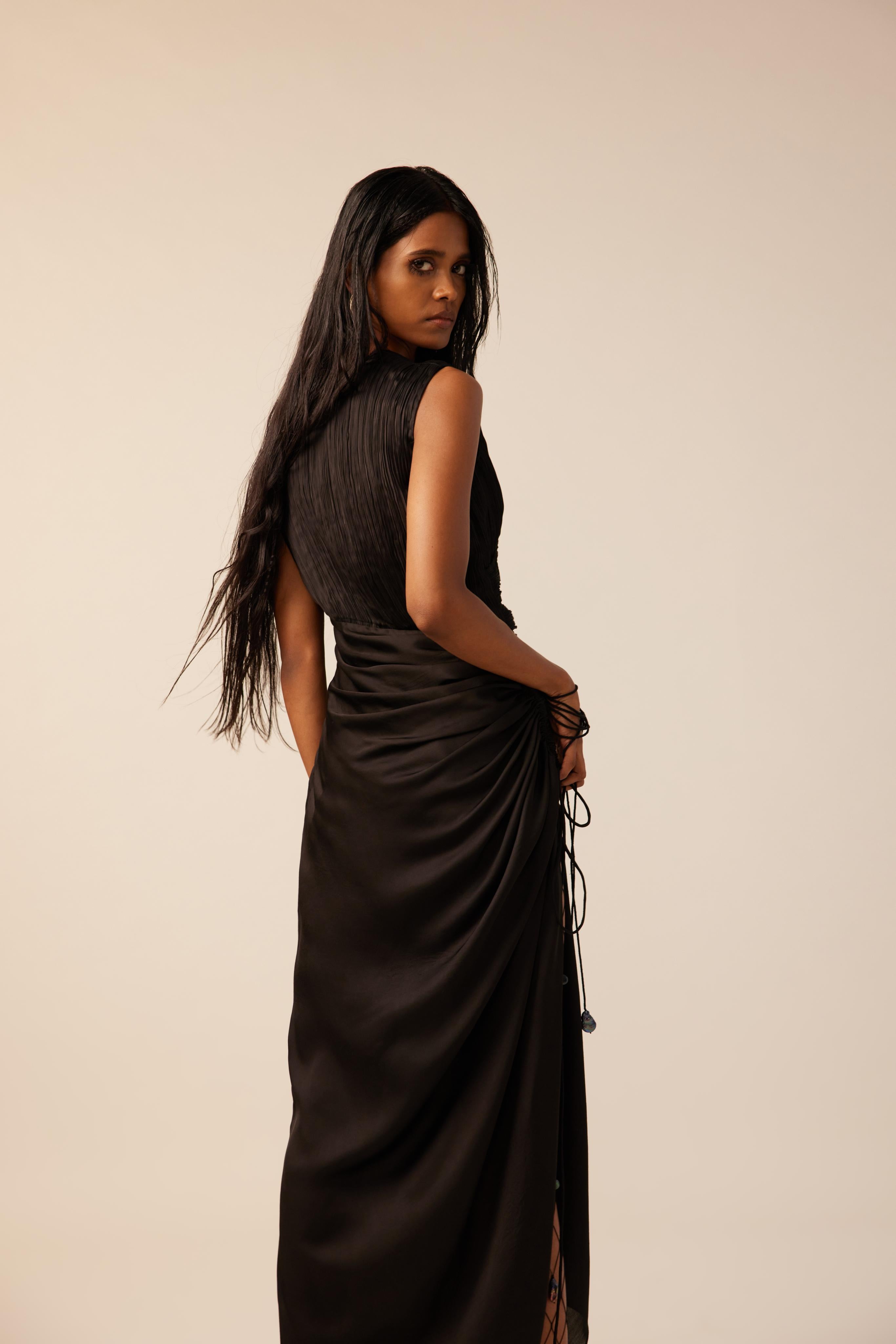 Black Ruched and Draped Satin Long Dress from Aroka.