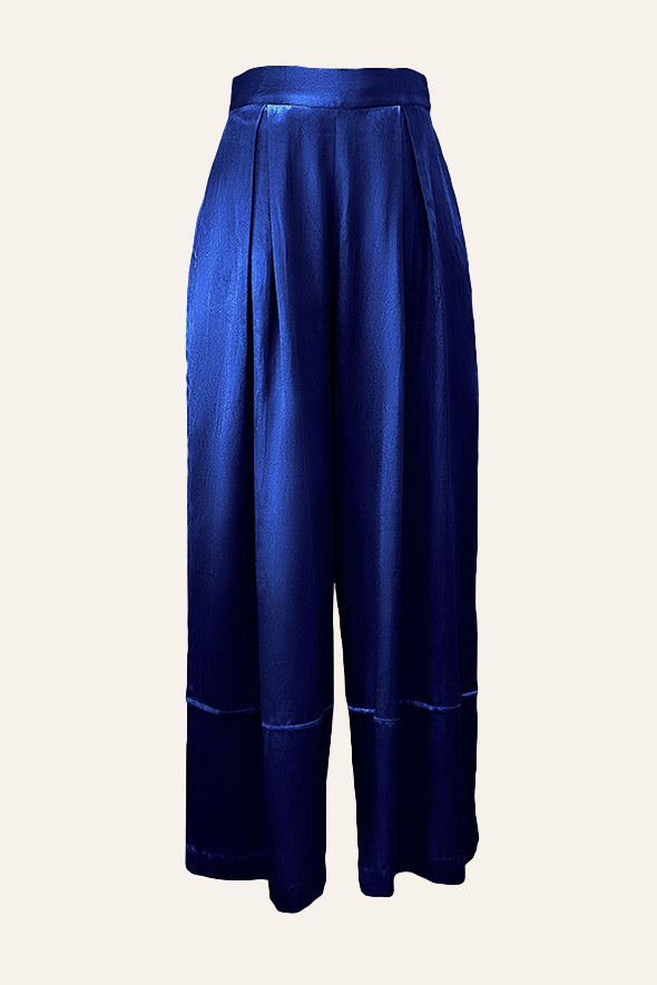 Blue ruched modal satin mashru oversized pants from Aroka.
