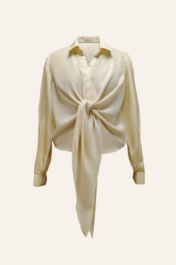 Off-white Modal satin shirt with waist tie-up from Aroka.