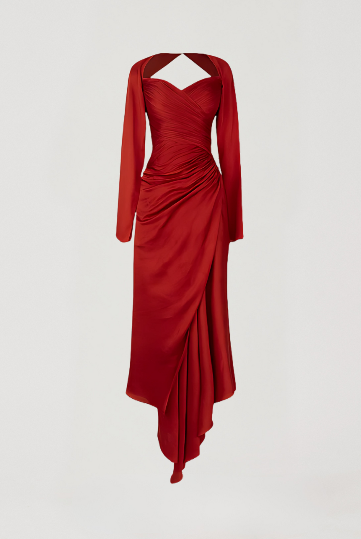 Grace Ruched Dress by Aroka- A Modal Satin Red ruched drape dress with full sleeves.
