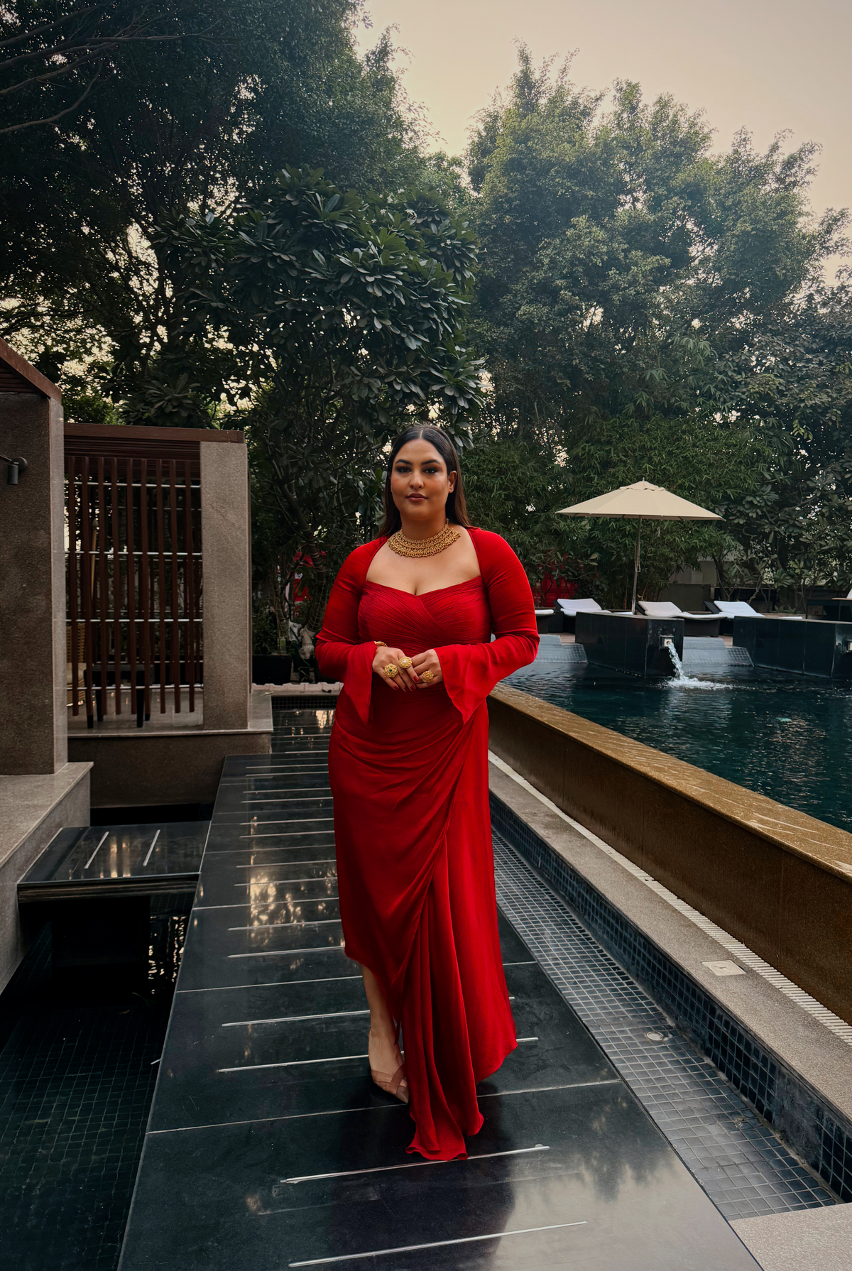 Own the fashion look seen on Sakshi Sindhwani the Grace Ruched Dress by Aroka, crafted for statement-makers.