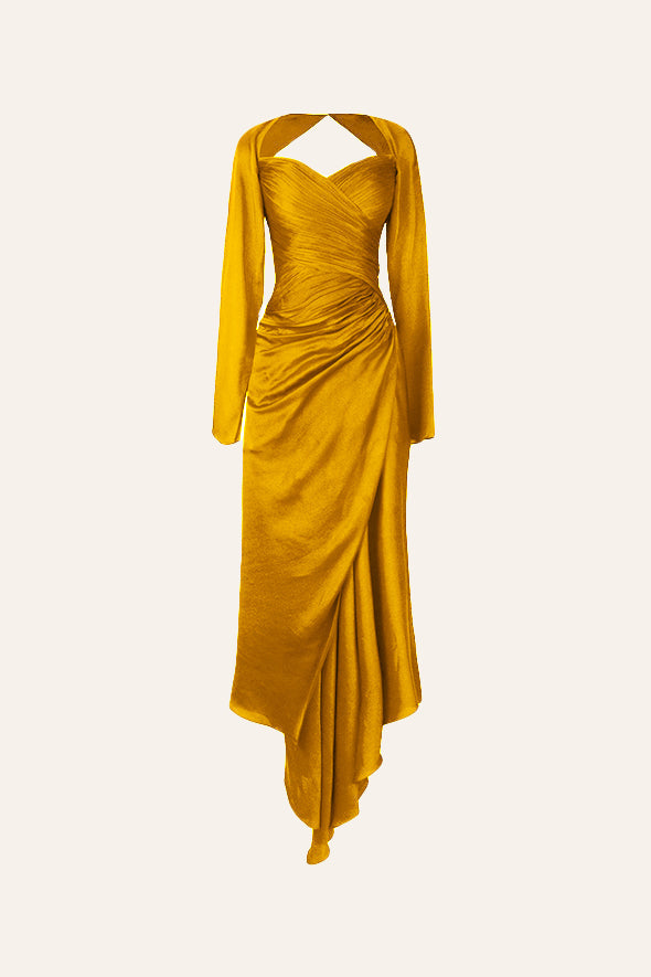 Modal Satin Mustard ruched drape dress full sleeve from Aroka