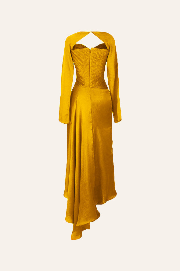 Modal Satin Mustard ruched drape dress full sleeve from Aroka