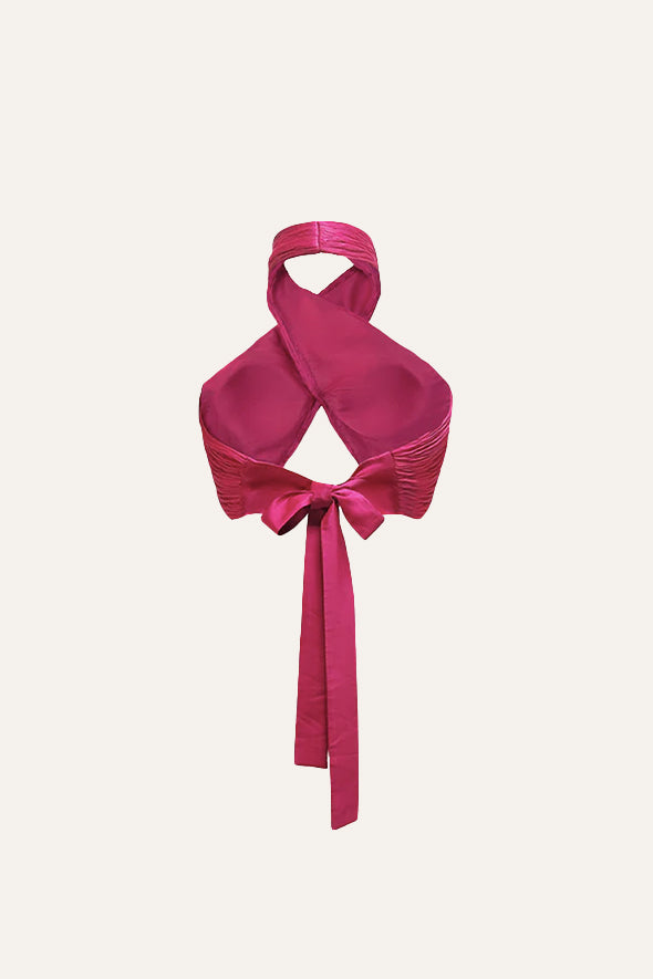 Handmade with modal satin fabric halter neck drape top in pink from Aroka.