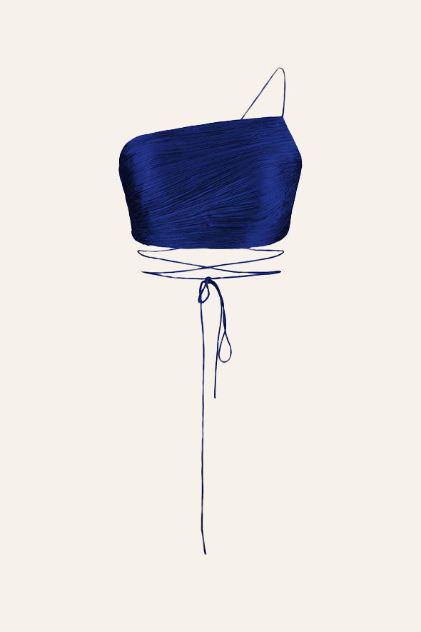 Blue ruched modal satin crop top with mashru oversized pants from Aroka.