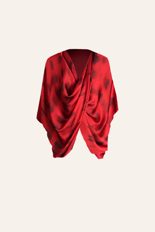Relaxed and Loose-fit Red Modal Satin Kaftan in tie-dye pattern from Aroka.
