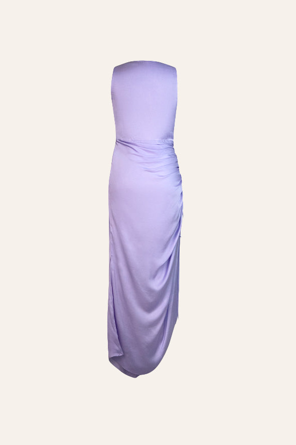 Lavender Cowl neck dress with drawstring details at bottom by Aroka.