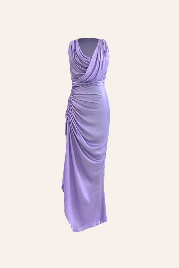 Lavender Cowl neck dress with drawstring details at bottom by Aroka.