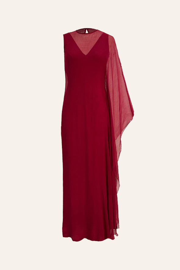 Chiffon Overlay Dress, Thigh-high slit dress in red from Aroka