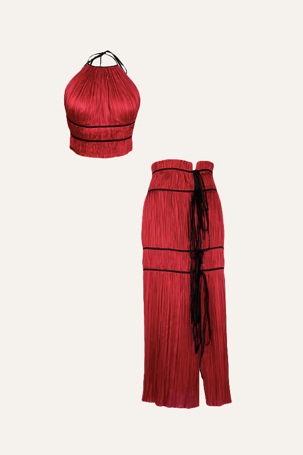 Women cords set- Amour halter neck top with black piping details and back tie-ups paired with Amour skirt in red from Aroka.