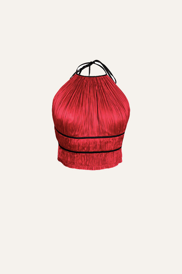 Amour halter neck top with black piping details and back tie-ups in red from Aroka.