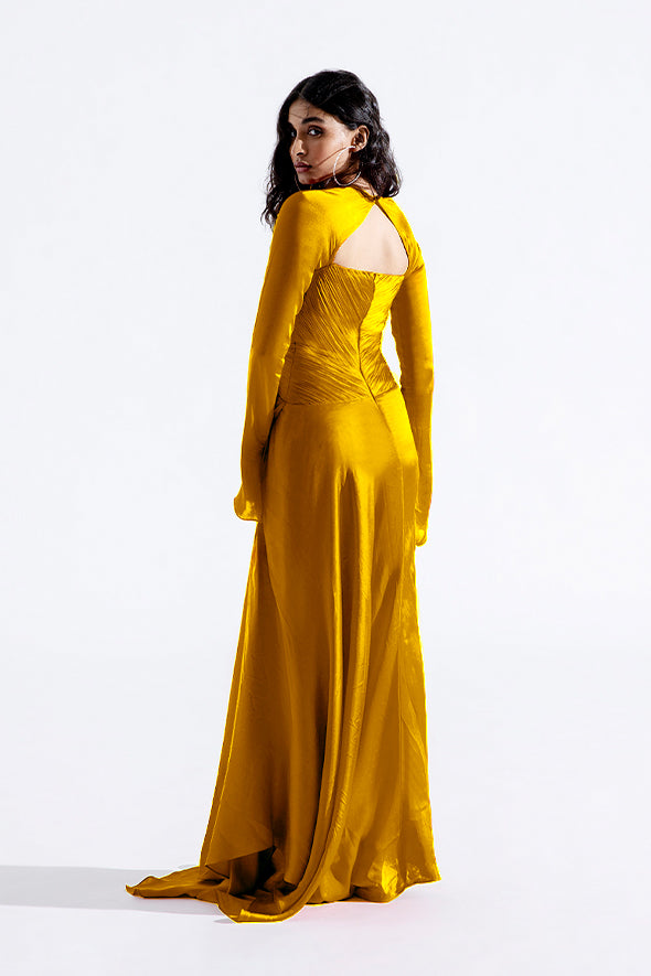 Modal Satin Mustard ruched drape dress full sleeve from Aroka