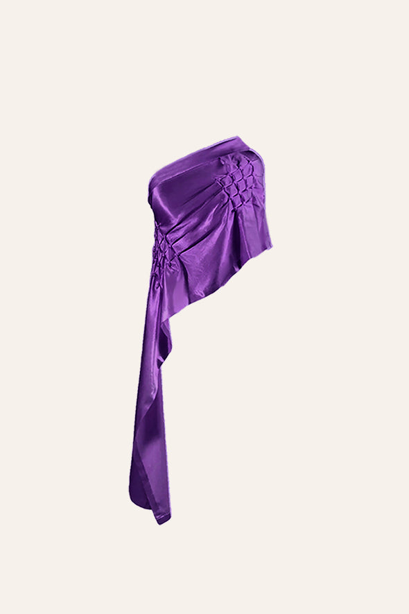 Purple draped off shoulder, asymmetric top with Soiree pants from Aroka.