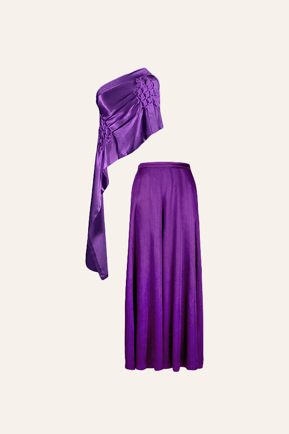 Women cords Set- Purple draped off shoulder, asymmetric top with Soiree pants from Aroka.