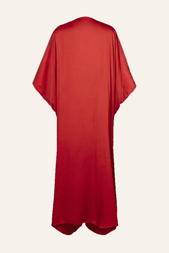 Comfortable modal satin Ruched V-neckline Kaftan Dress in Red from Aroka