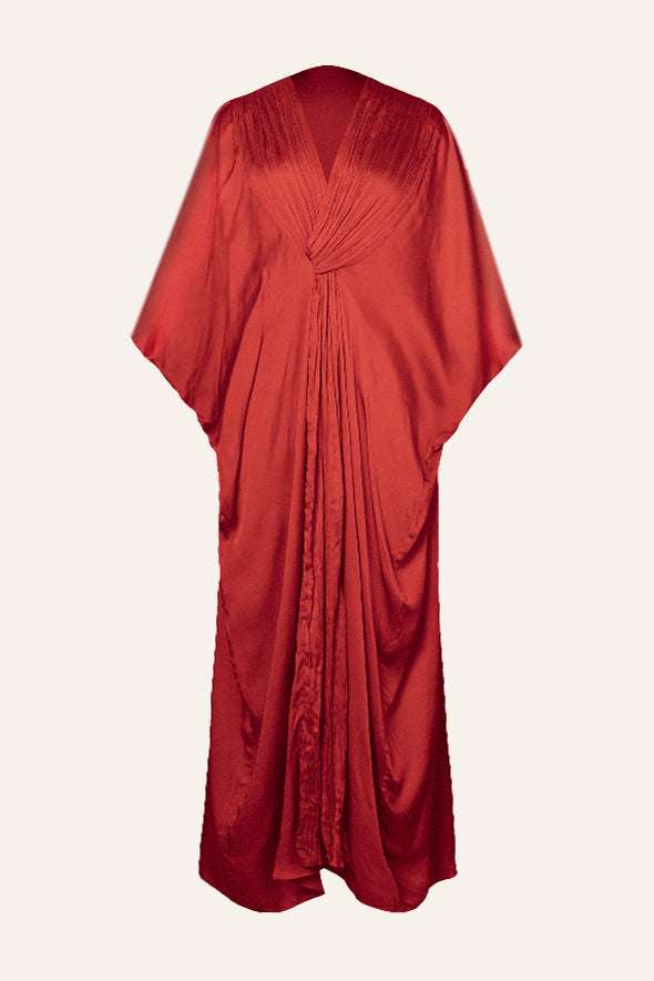 Comfortable modal satin Ruched V-neckline Kaftan Dress in Red from Aroka