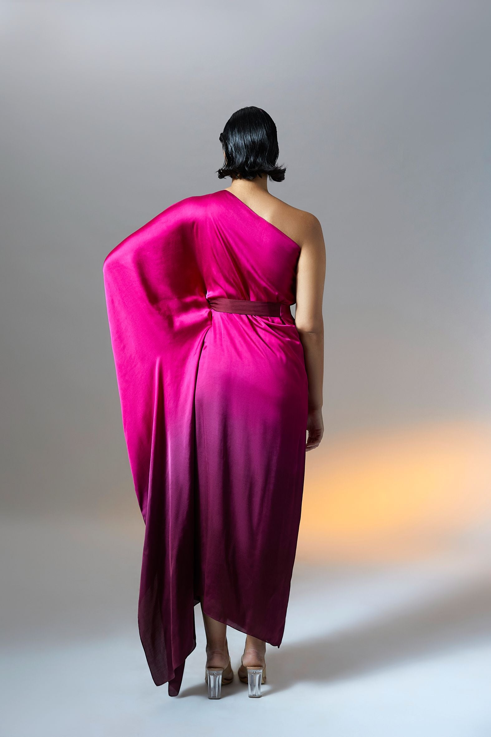 Versatile vegan satin, luxuriously soft one-shoulder kaftan dress in Ombre Pink from Aroka