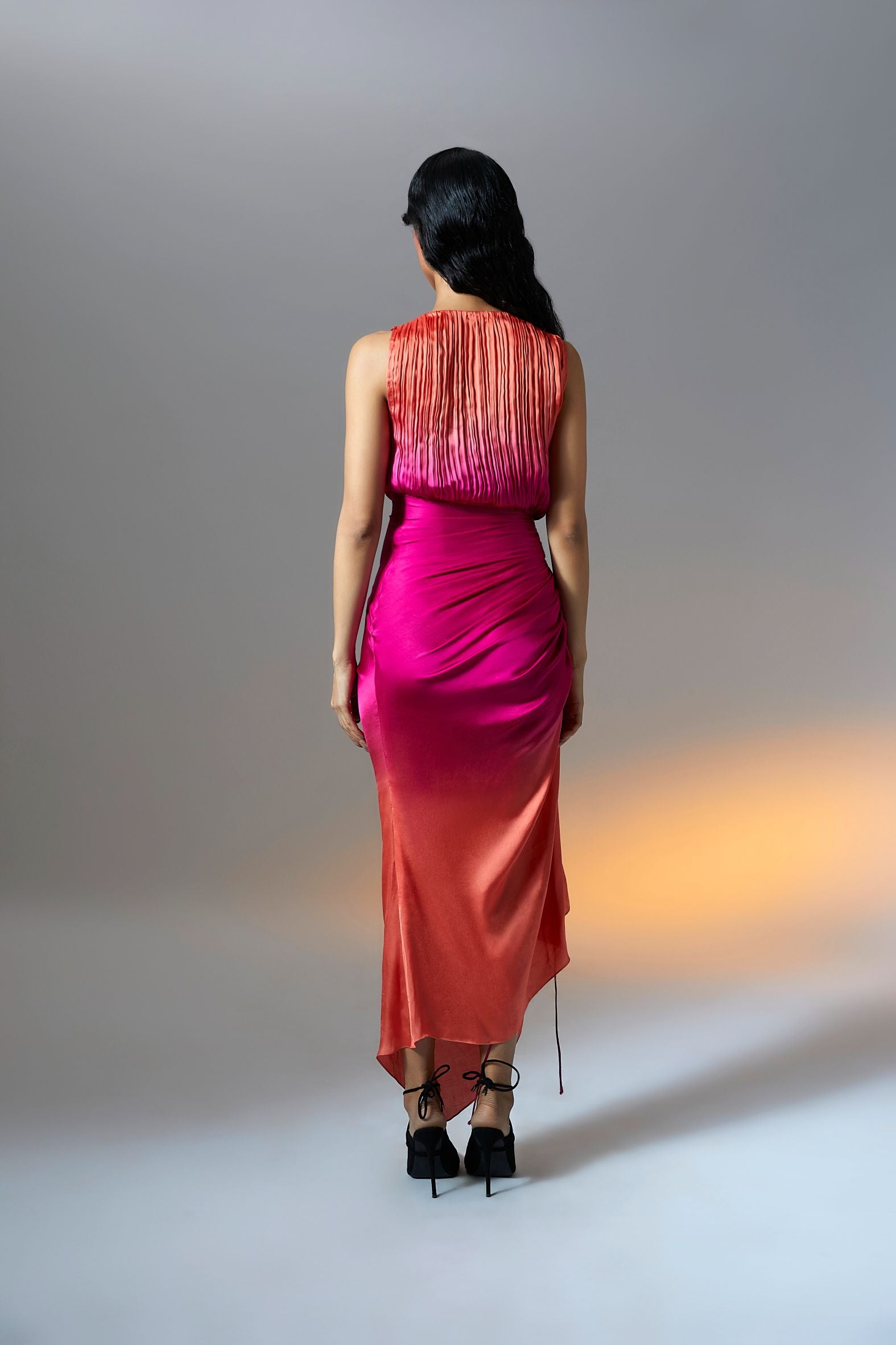 Ombre pink sleeveless ruched dress detailed with drawstrings from Aroka.